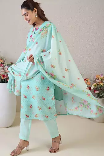 Women Floral Embroidered Thread Work Linen Kurta with Trousers & With Dupatta