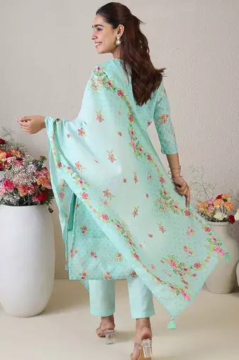 Women Floral Embroidered Thread Work Linen Kurta with Trousers & With Dupatta