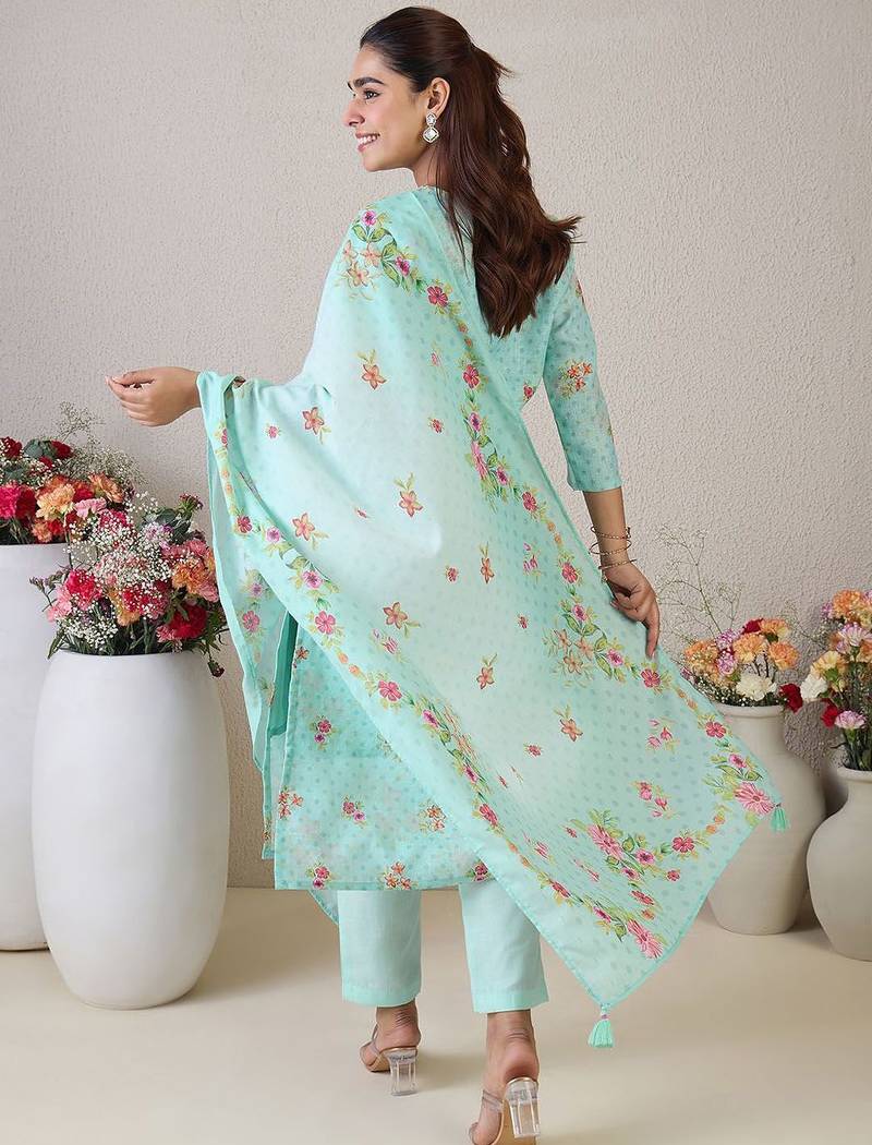 Women Floral Embroidered Thread Work Linen Kurta with Trousers & With Dupatta