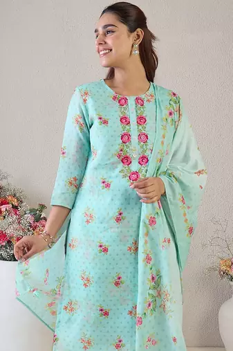 Women Floral Embroidered Thread Work Linen Kurta with Trousers & With Dupatta