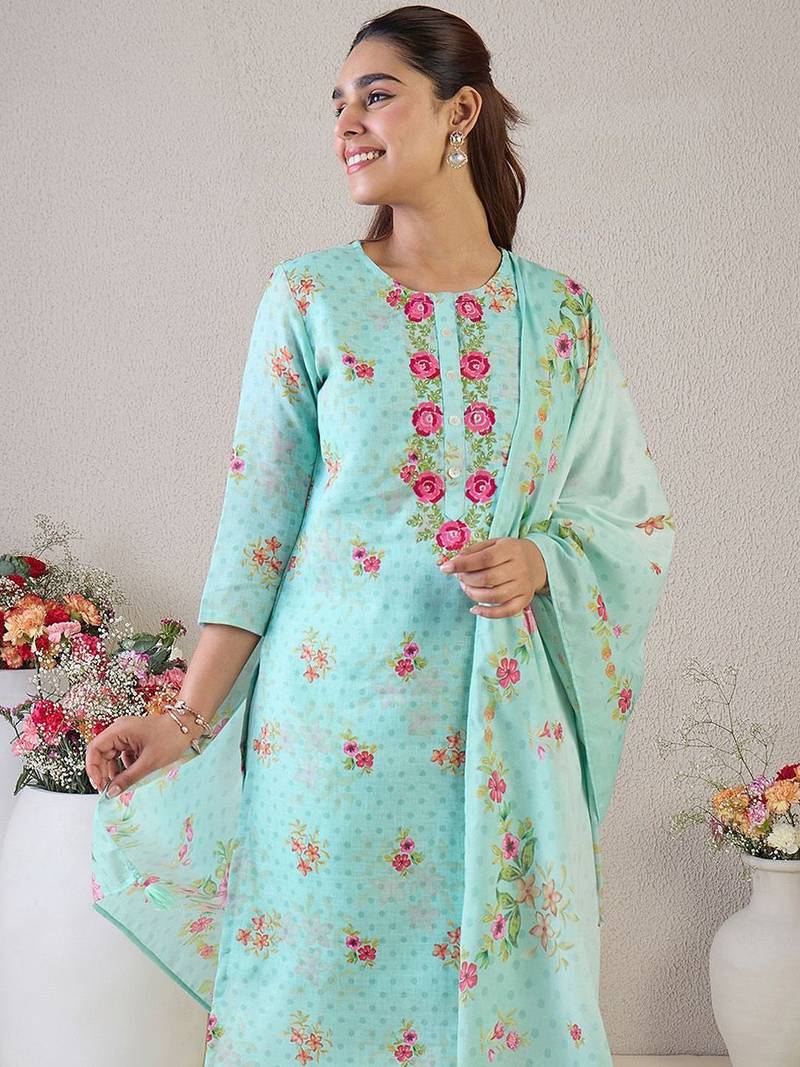 Women Floral Embroidered Thread Work Linen Kurta with Trousers & With Dupatta