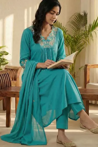 Women Floral Embroidered Pleated Thread Work Pure Cotton Kurta with Trousers & With Dupatta