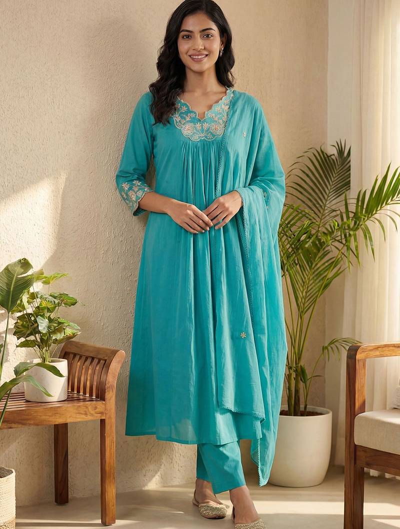 Women Floral Embroidered Pleated Thread Work Pure Cotton Kurta with Trousers & With Dupatta