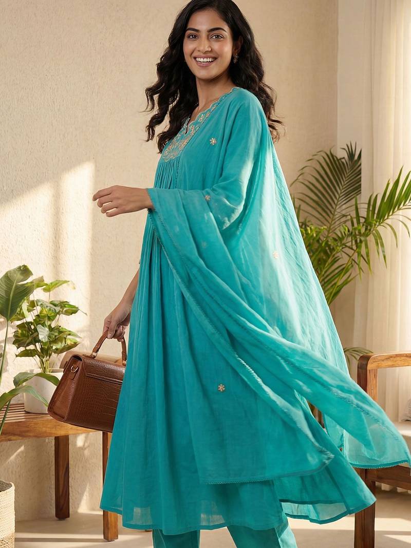 Women Floral Embroidered Pleated Thread Work Pure Cotton Kurta with Trousers & With Dupatta