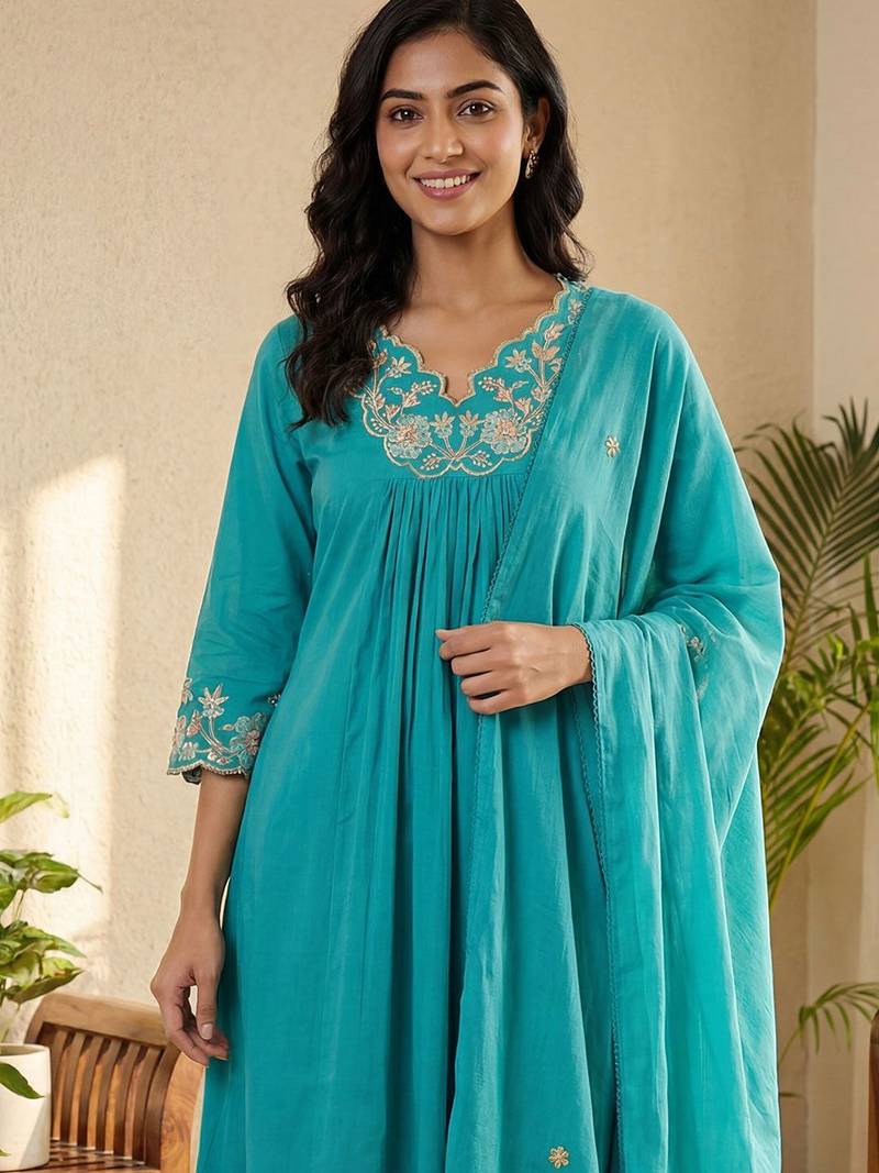 Women Floral Embroidered Pleated Thread Work Pure Cotton Kurta with Trousers & With Dupatta