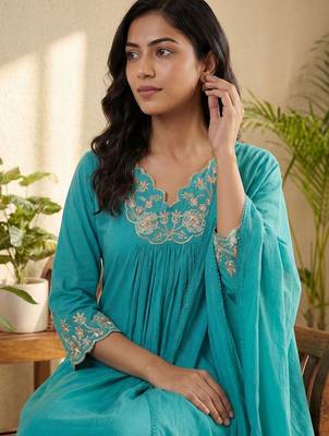 Women Floral Embroidered Pleated Thread Work Pure Cotton Kurta with Trousers & With Dupatta 7