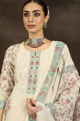 Floral Printed Notch Neck Mirror Work Straight Kurta With Trousers & Dupatta