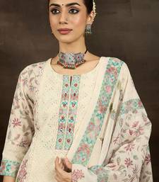 Floral Printed Notch Neck Mirror Work Straight Kurta With Trousers & Dupatta