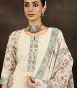 Floral Printed Notch Neck Mirror Work Straight Kurta With Trousers & Dupatta