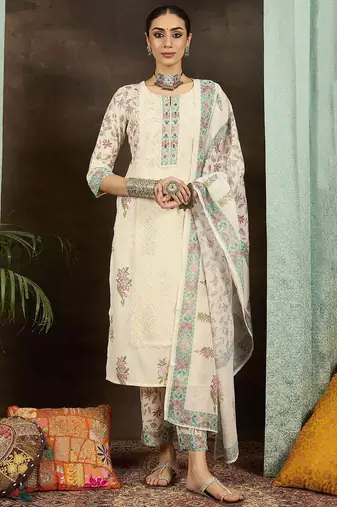 Floral Printed Notch Neck Mirror Work Straight Kurta With Trousers & Dupatta