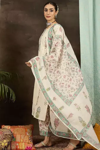 Floral Printed Notch Neck Mirror Work Straight Kurta With Trousers & Dupatta