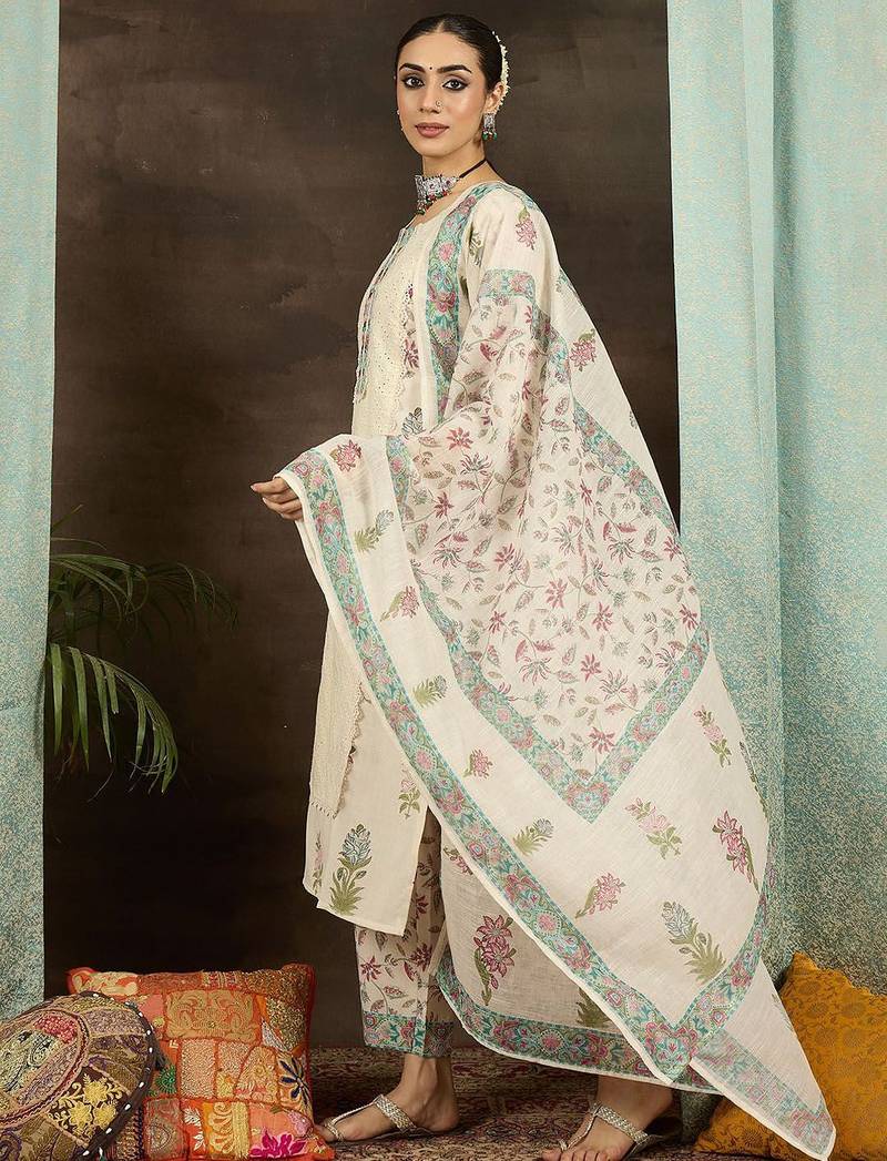 Floral Printed Notch Neck Mirror Work Straight Kurta With Trousers & Dupatta