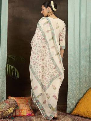 Floral Printed Notch Neck Mirror Work Straight Kurta With Trousers & Dupatta 4