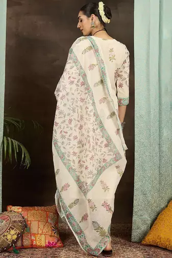 Floral Printed Notch Neck Mirror Work Straight Kurta With Trousers & Dupatta