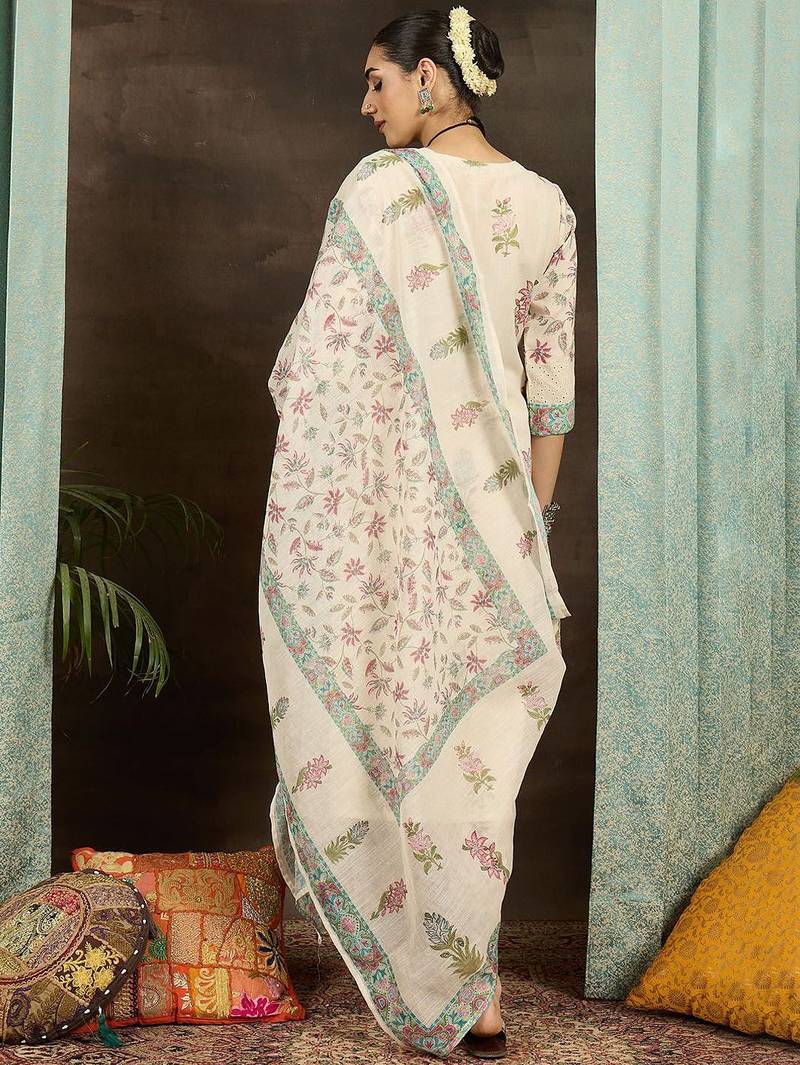 Floral Printed Notch Neck Mirror Work Straight Kurta With Trousers & Dupatta