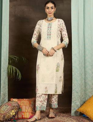 Floral Printed Notch Neck Mirror Work Straight Kurta With Trousers & Dupatta 5