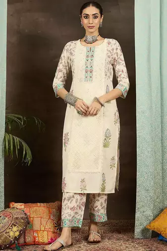 Floral Printed Notch Neck Mirror Work Straight Kurta With Trousers & Dupatta