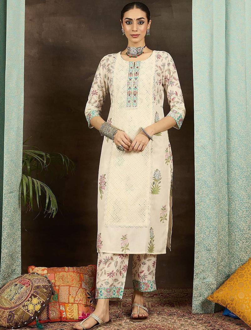 Floral Printed Notch Neck Mirror Work Straight Kurta With Trousers & Dupatta