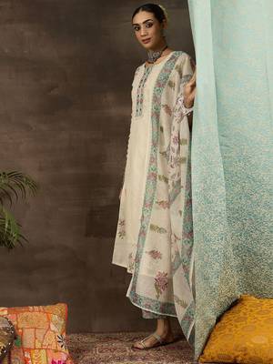 Floral Printed Notch Neck Mirror Work Straight Kurta With Trousers & Dupatta 6
