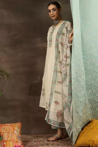 Floral Printed Notch Neck Mirror Work Straight Kurta With Trousers & Dupatta