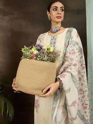 Floral Printed Notch Neck Mirror Work Straight Kurta With Trousers & Dupatta 7