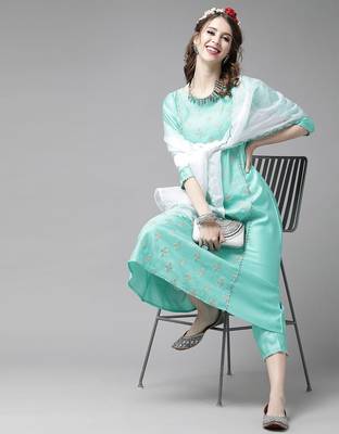 Women Sea Green & Golden Embroidered Kurta with Trousers & Dupatta 1