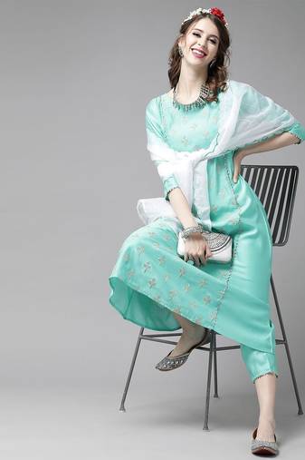 Women Sea Green & Golden Embroidered Kurta with Trousers & Dupatta