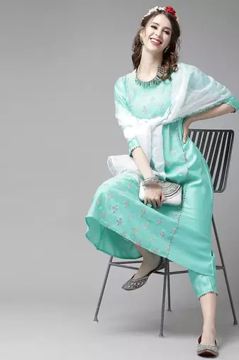 Women Sea Green & Golden Embroidered Kurta with Trousers & Dupatta