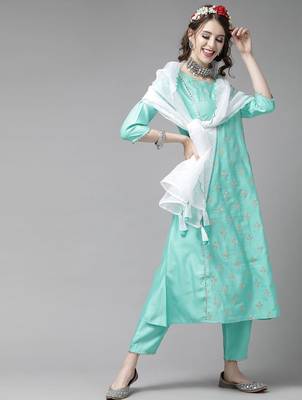 Women Sea Green & Golden Embroidered Kurta with Trousers & Dupatta 2