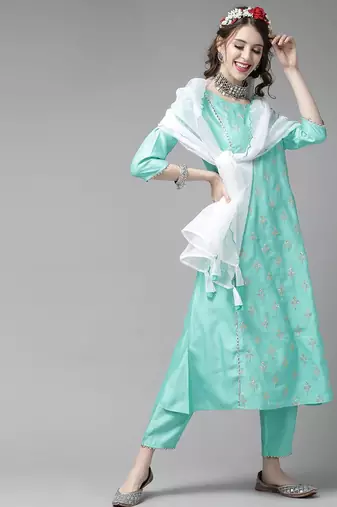Women Sea Green & Golden Embroidered Kurta with Trousers & Dupatta