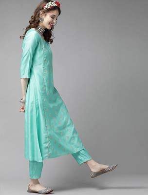 Women Sea Green & Golden Embroidered Kurta with Trousers & Dupatta 3
