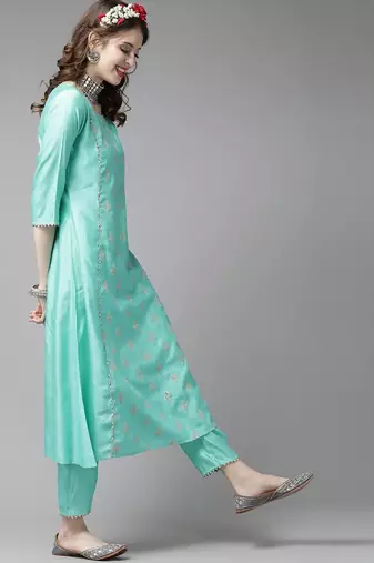 Women Sea Green & Golden Embroidered Kurta with Trousers & Dupatta