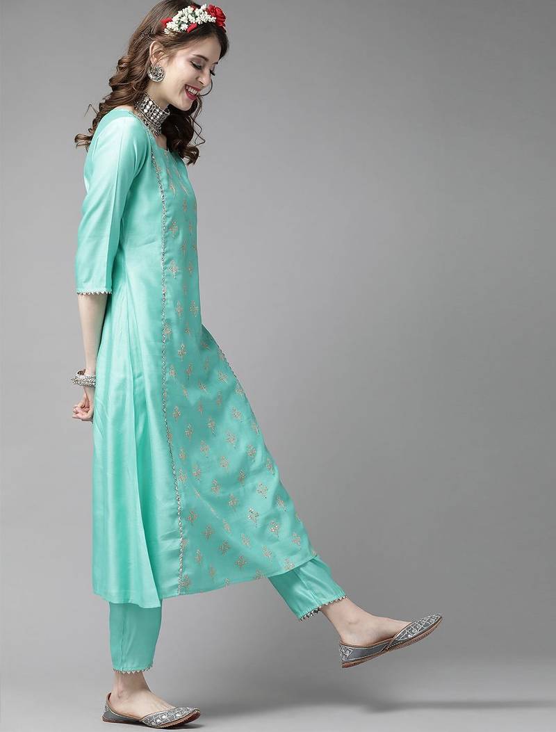 Women Sea Green & Golden Embroidered Kurta with Trousers & Dupatta