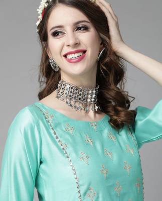 Women Sea Green & Golden Embroidered Kurta with Trousers & Dupatta 4