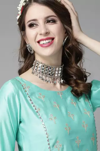 Women Sea Green & Golden Embroidered Kurta with Trousers & Dupatta