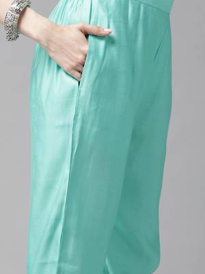 Women Sea Green & Golden Embroidered Kurta with Trousers & Dupatta 5