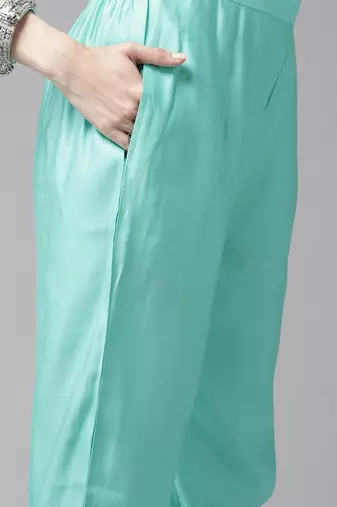 Women Sea Green & Golden Embroidered Kurta with Trousers & Dupatta