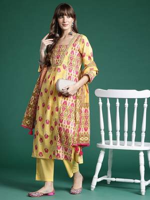 Printed Panelled Sequinned Pure Cotton Kurta With Trousers & Dupatta 1
