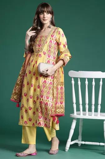 Printed Panelled Sequinned Pure Cotton Kurta With Trousers & Dupatta