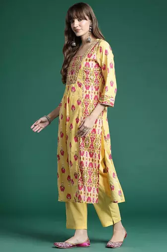 Printed Panelled Sequinned Pure Cotton Kurta With Trousers & Dupatta