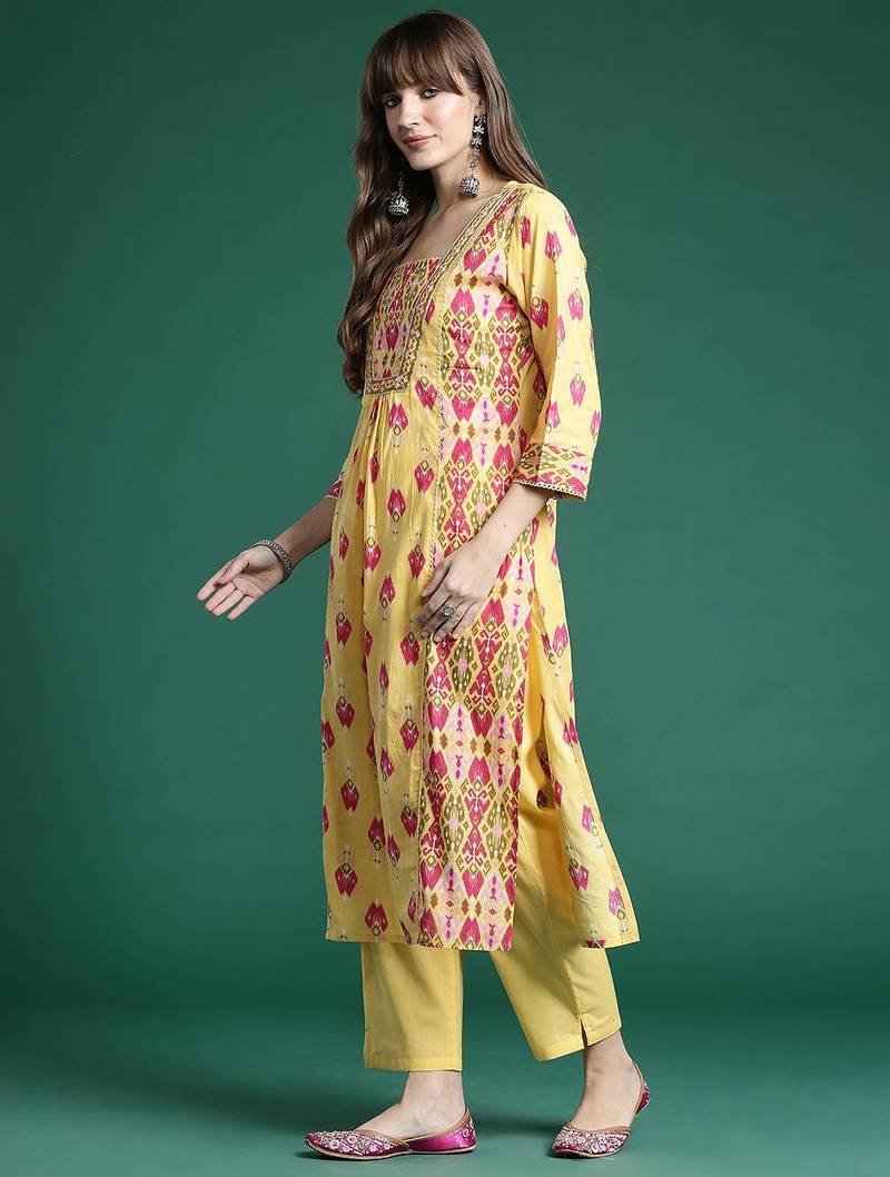 Printed Panelled Sequinned Pure Cotton Kurta With Trousers & Dupatta