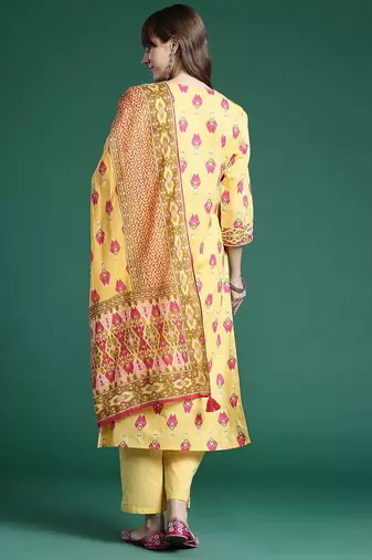 Printed Panelled Sequinned Pure Cotton Kurta With Trousers & Dupatta