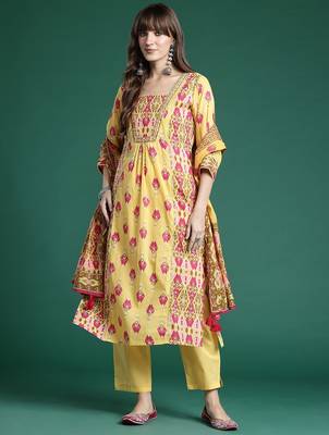 Printed Panelled Sequinned Pure Cotton Kurta With Trousers & Dupatta 7