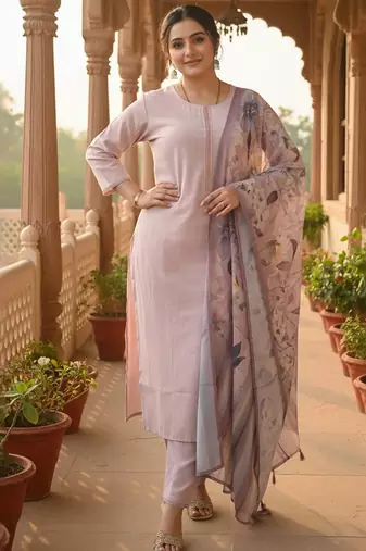 Women Thread Work Straight Kurta with Trouser & Printed Dupatta