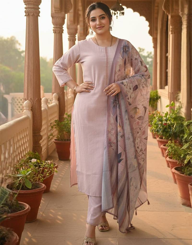 Women Thread Work Straight Kurta with Trouser & Printed Dupatta