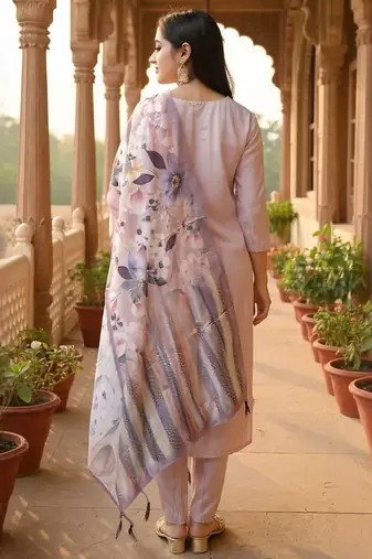 Women Thread Work Straight Kurta with Trouser & Printed Dupatta