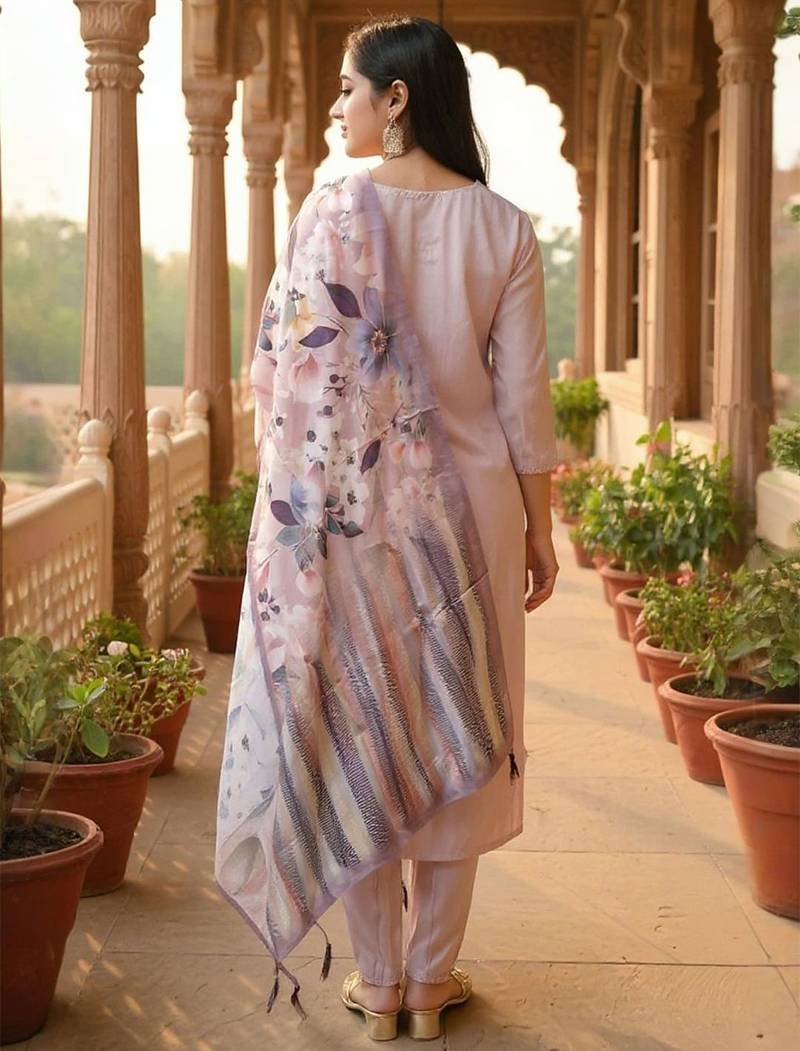 Women Thread Work Straight Kurta with Trouser & Printed Dupatta