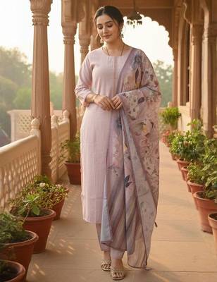 Women Thread Work Straight Kurta with Trouser & Printed Dupatta 5
