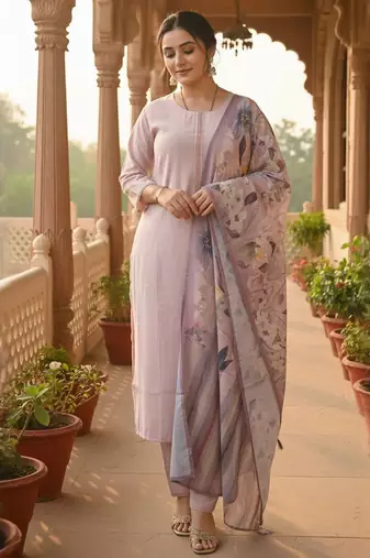 Women Thread Work Straight Kurta with Trouser & Printed Dupatta
