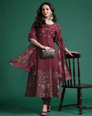 Floral Printed Pure Cotton Kurta with Trousers & Dupatta 1